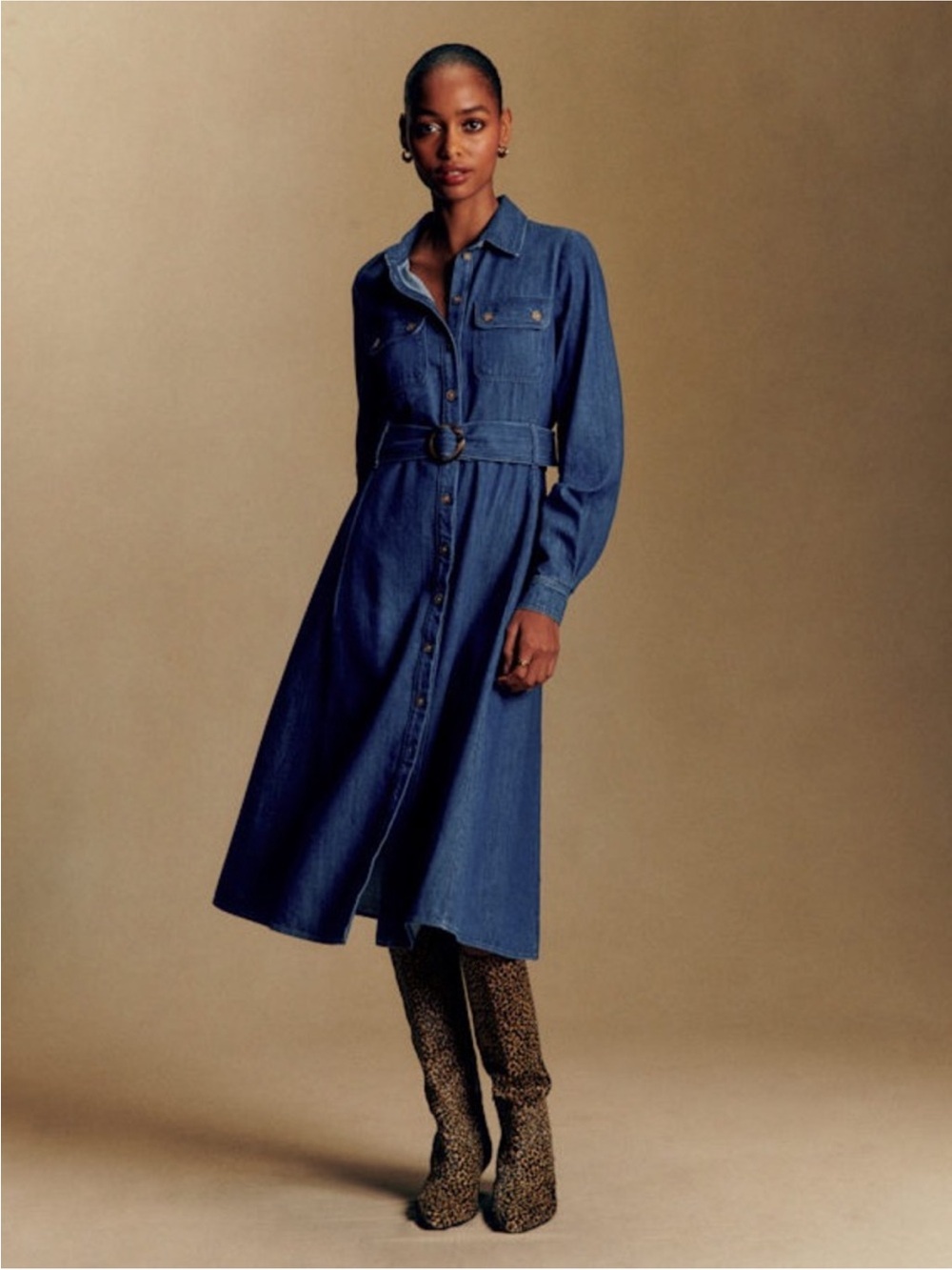Sézane Classic Denim Blue Button-Front Midi Shirt Tea Dress with Belt Size US 4